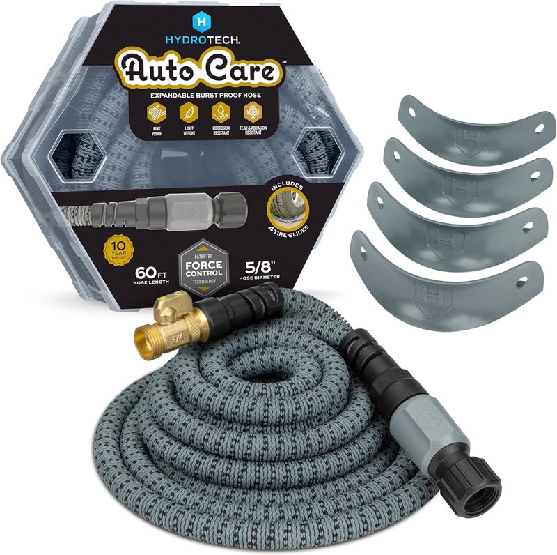 Hydrotech 60 ft Garden Hose – Patented Force Control, Burst-Proof, Lightweight, Flexible, No-Kink Design, 5/8", 4 Tire Hose Guides, Ideal for Car Wash & Automotive Care - Image 1
